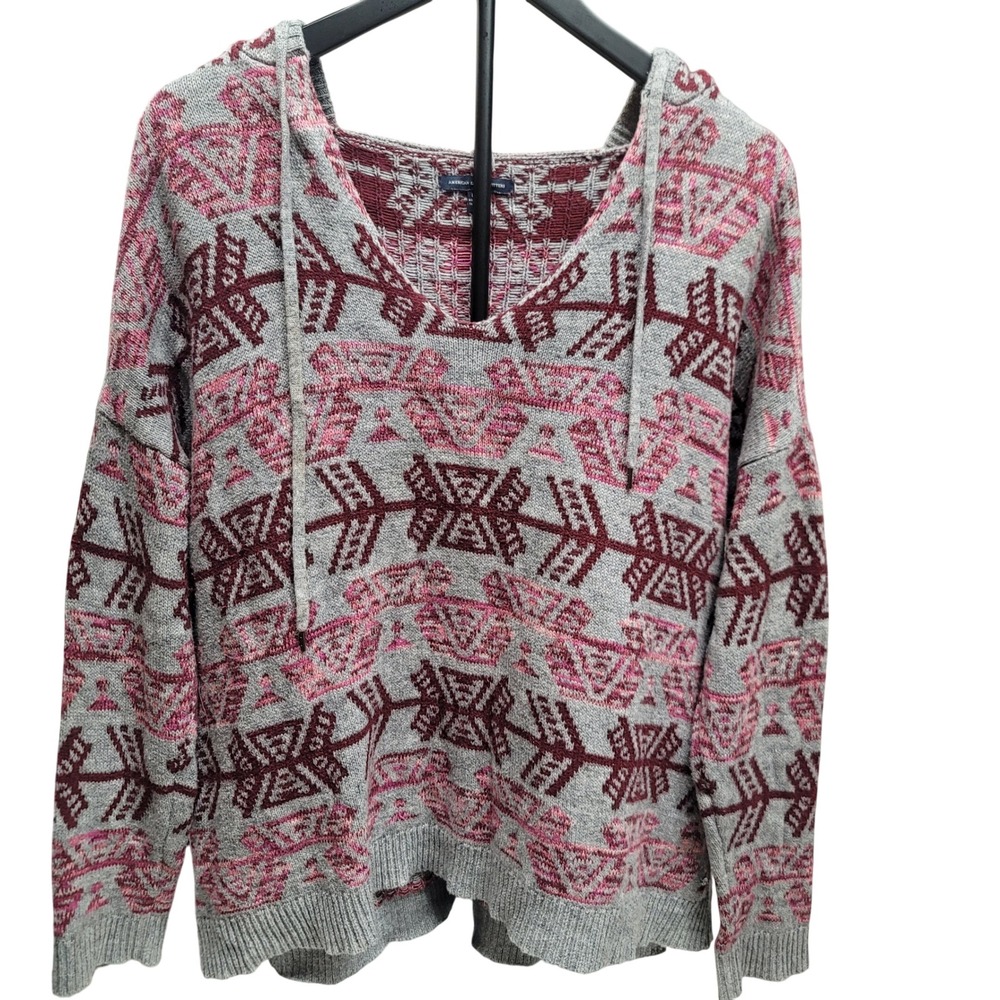 American Eagle Southwestern Hooded Sweater Grey Pink Geometric‎ Scandi girl Sz L